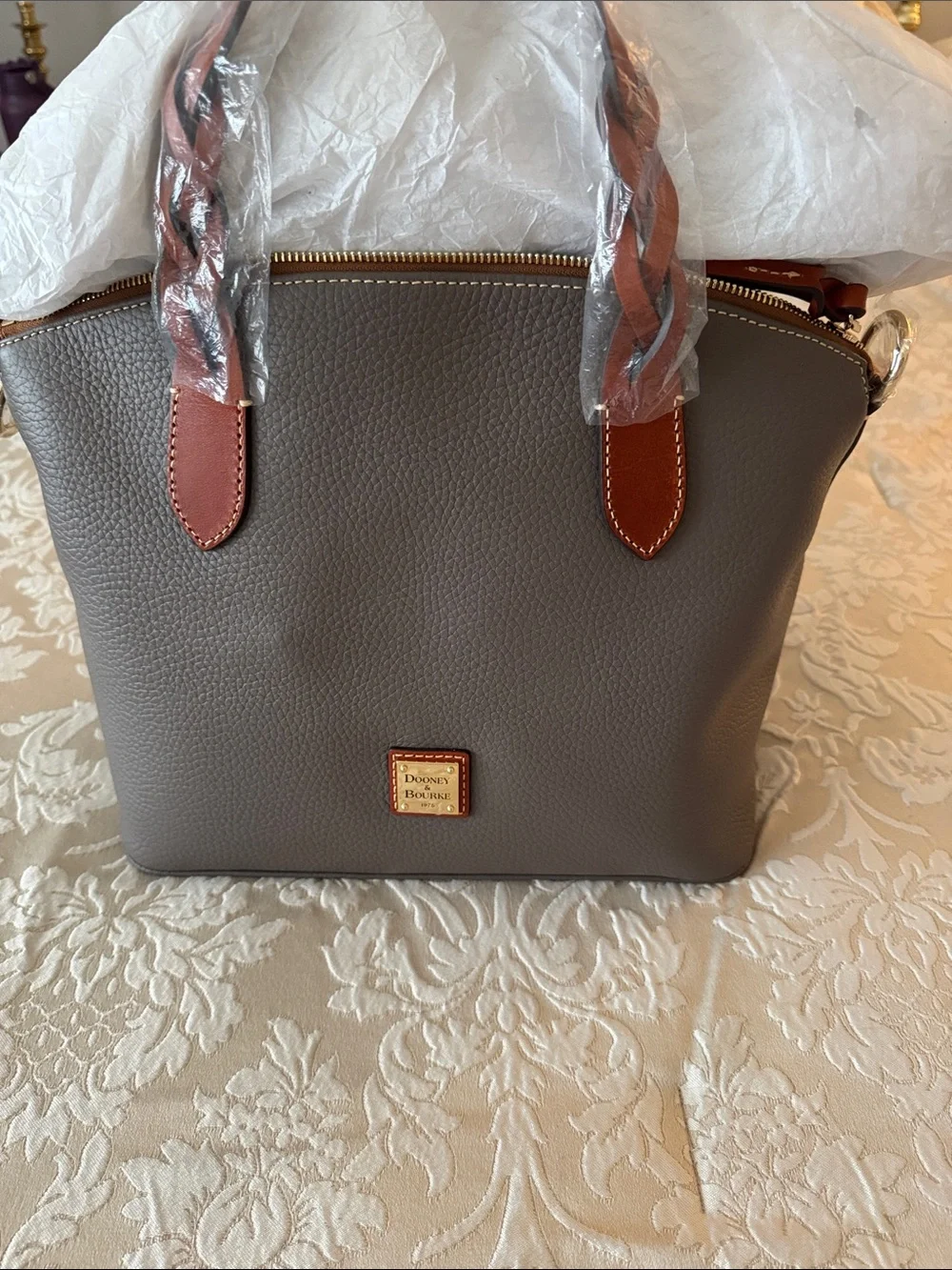 Dooney & Bourke Brown Leather Messenger with Tan Braided Handles